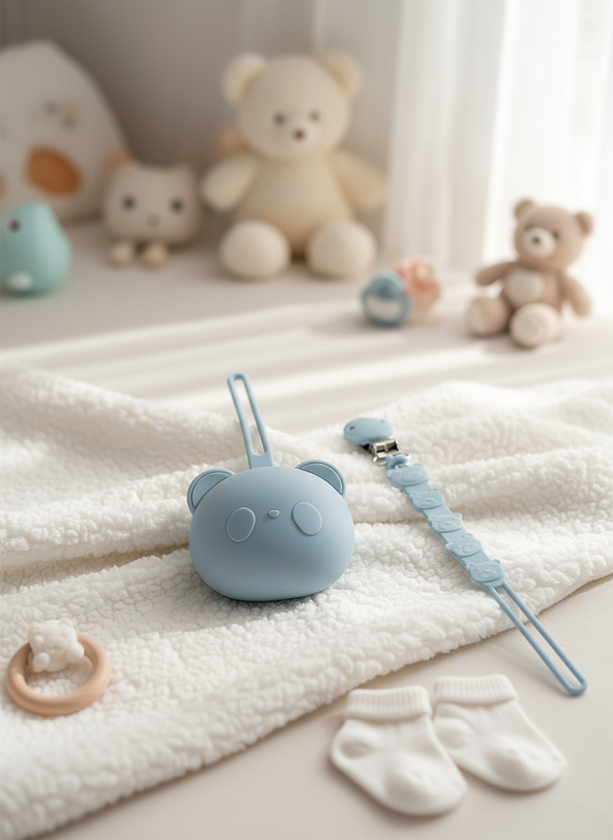 Pacifier holder/case and clip Bear duo (baby blue)