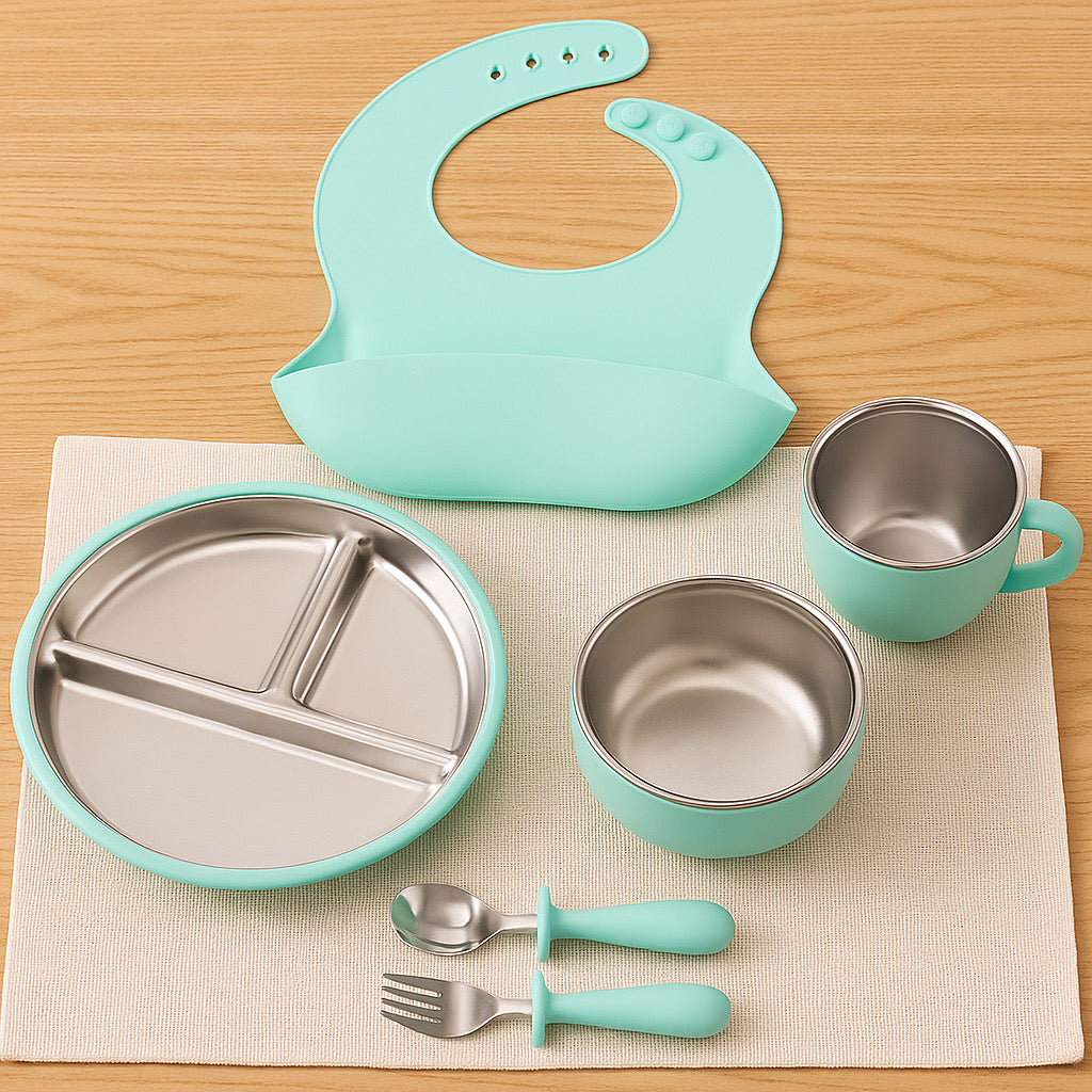 Stainless Steel and silicone baby feeding set (turquoise)