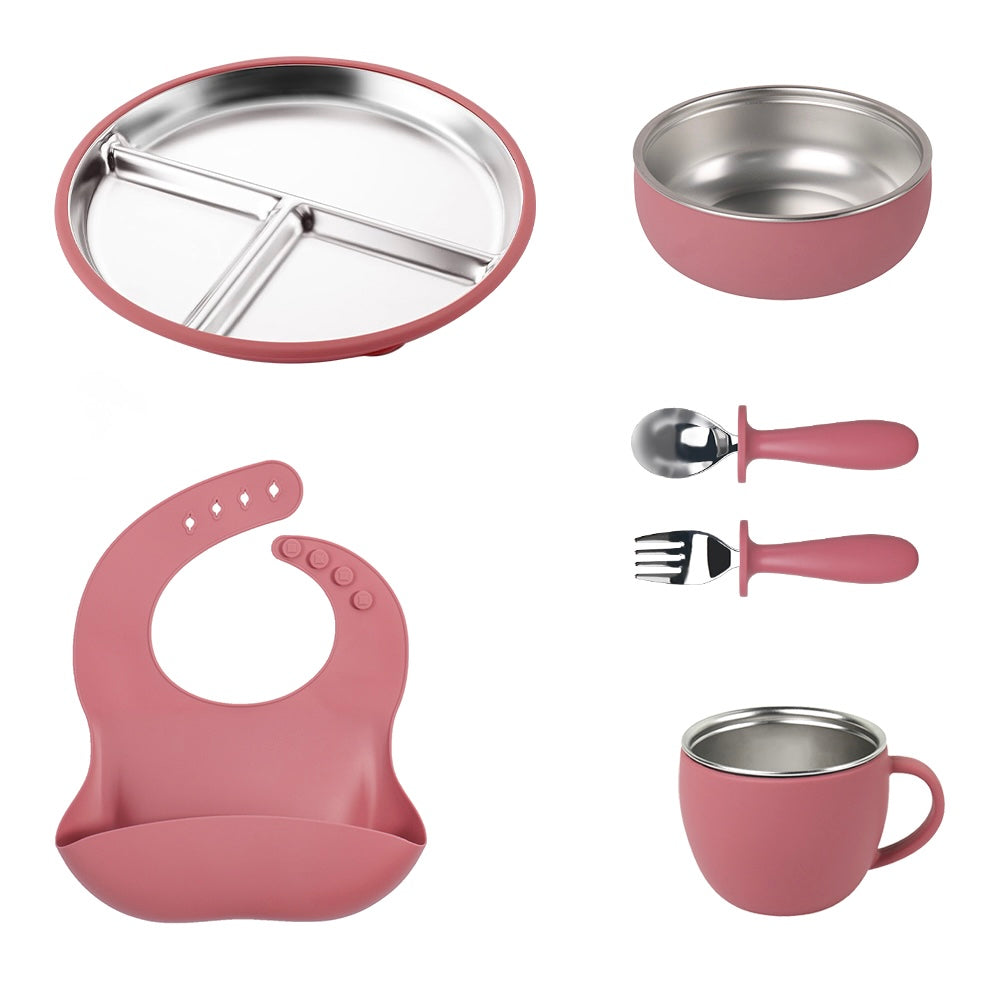 Stainless Steel and silicone baby feeding set (dark pink)