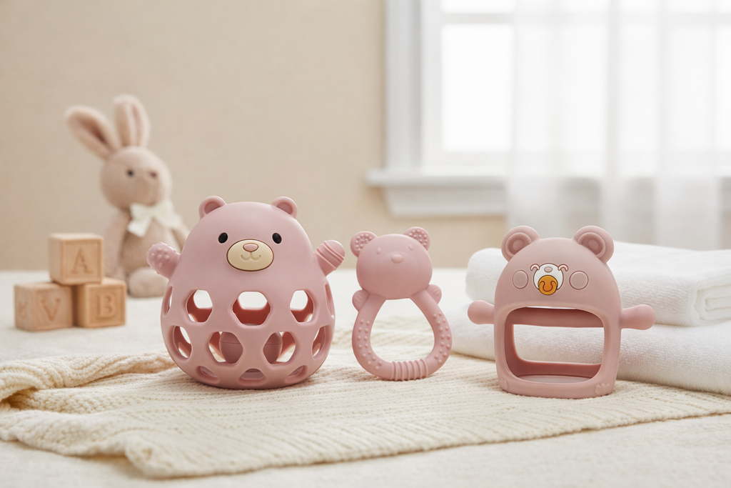 Bear Sensory Toy and Teething essentials Set (pink)