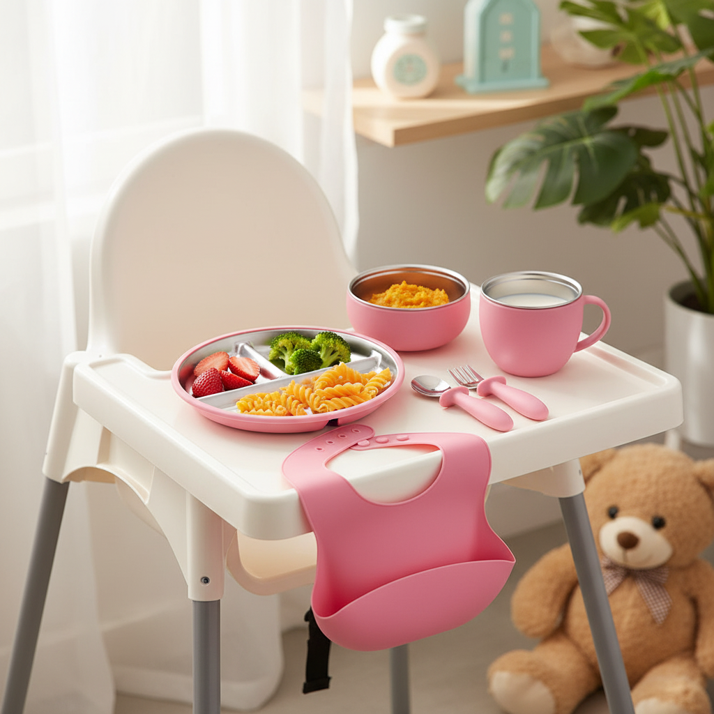 Stainless Steel and silicone baby feeding set (fucsia)