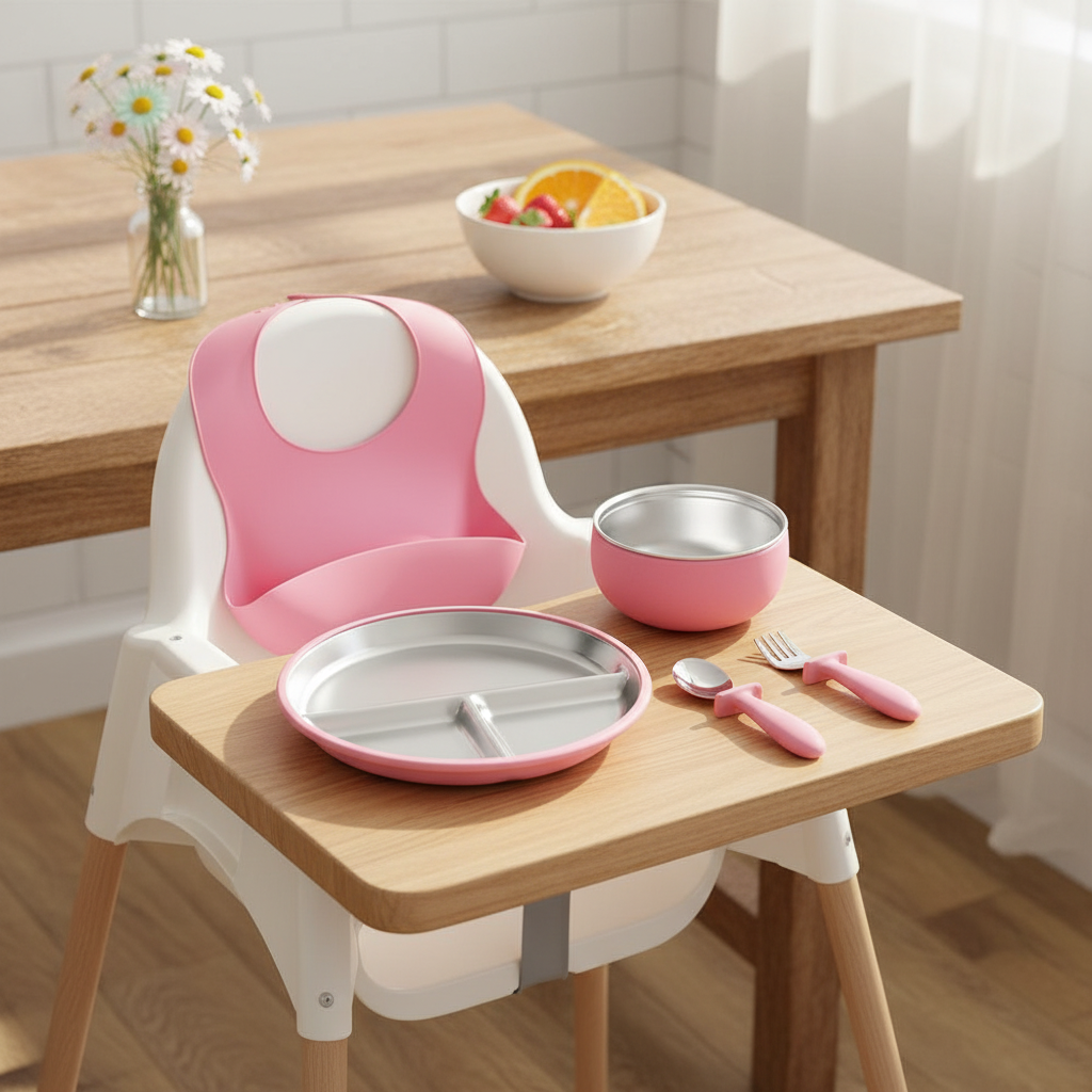 Stainless Steel and silicone baby feeding set (fucsia)