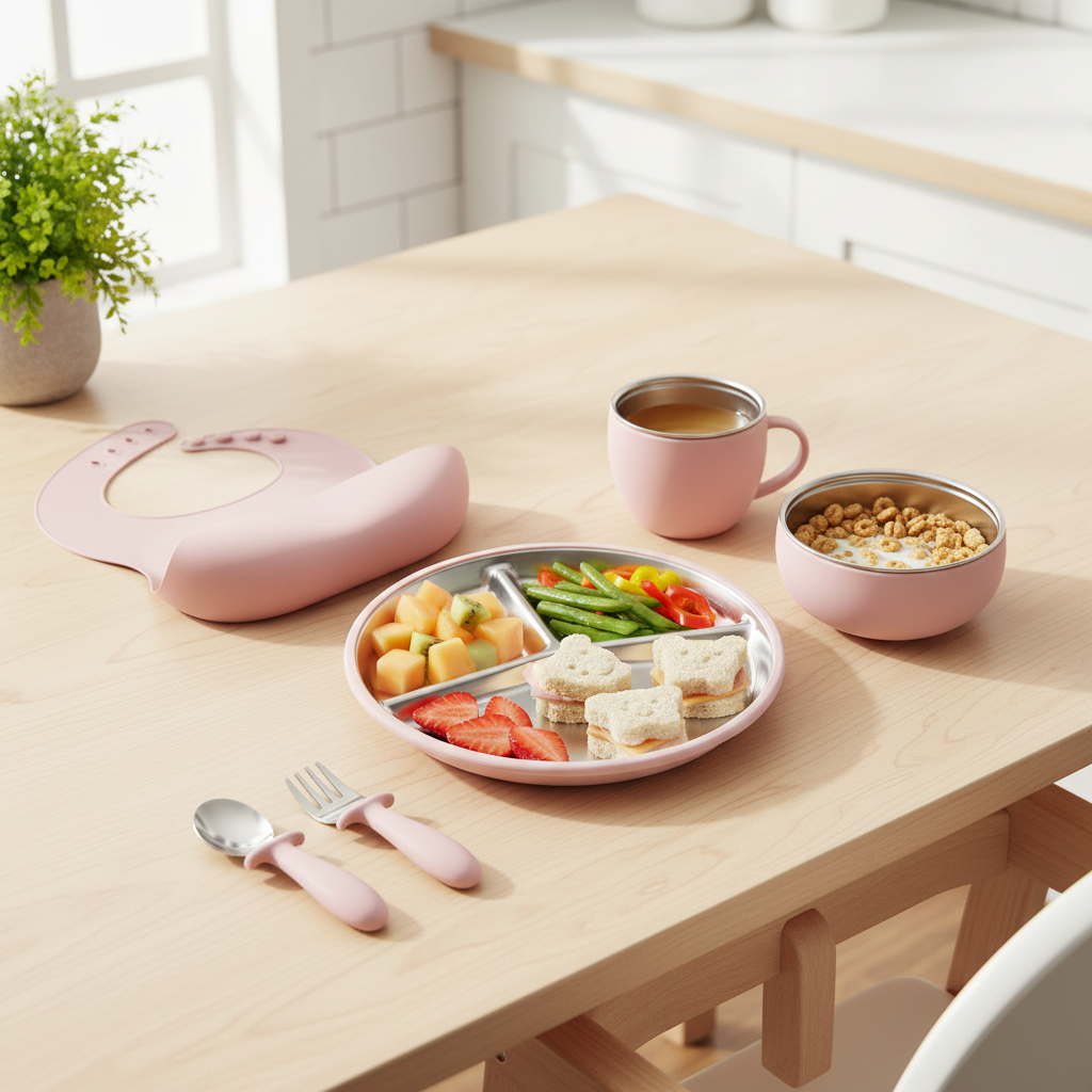 Stainless Steel and silicone baby feeding set (light pink)