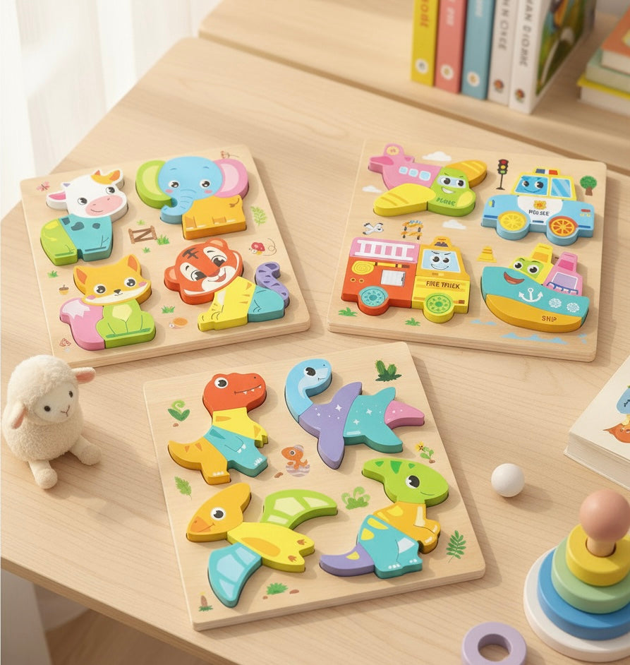 Wooden puzzle set of 3 (animals, vehicles and dinosaurs)