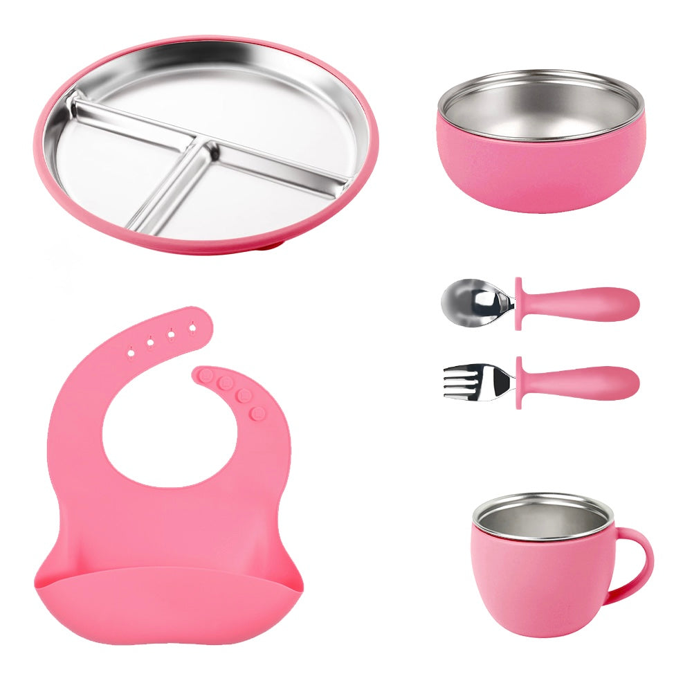 Stainless Steel and silicone baby feeding set (fucsia)