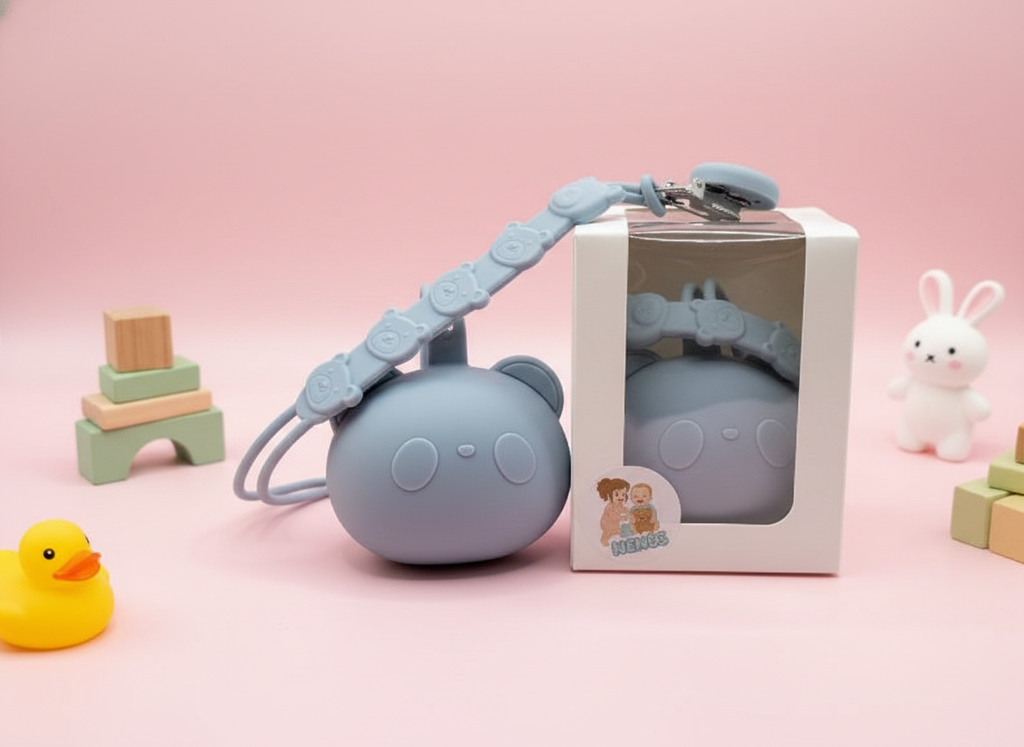 Pacifier holder/case and clip Bear duo (baby blue)