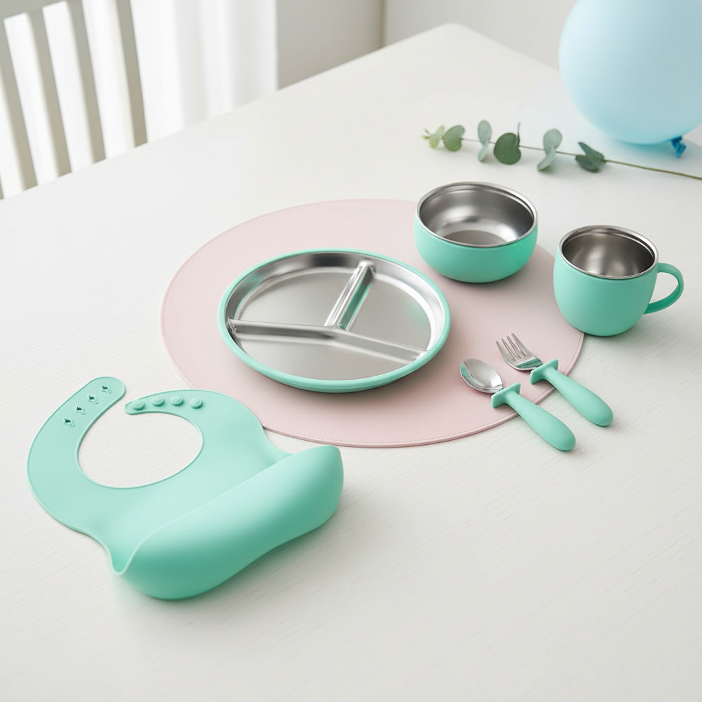 Stainless Steel and silicone baby feeding set (turquoise)