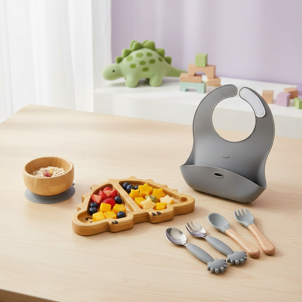 Bamboo and silicone baby feeding set (dinosaur)