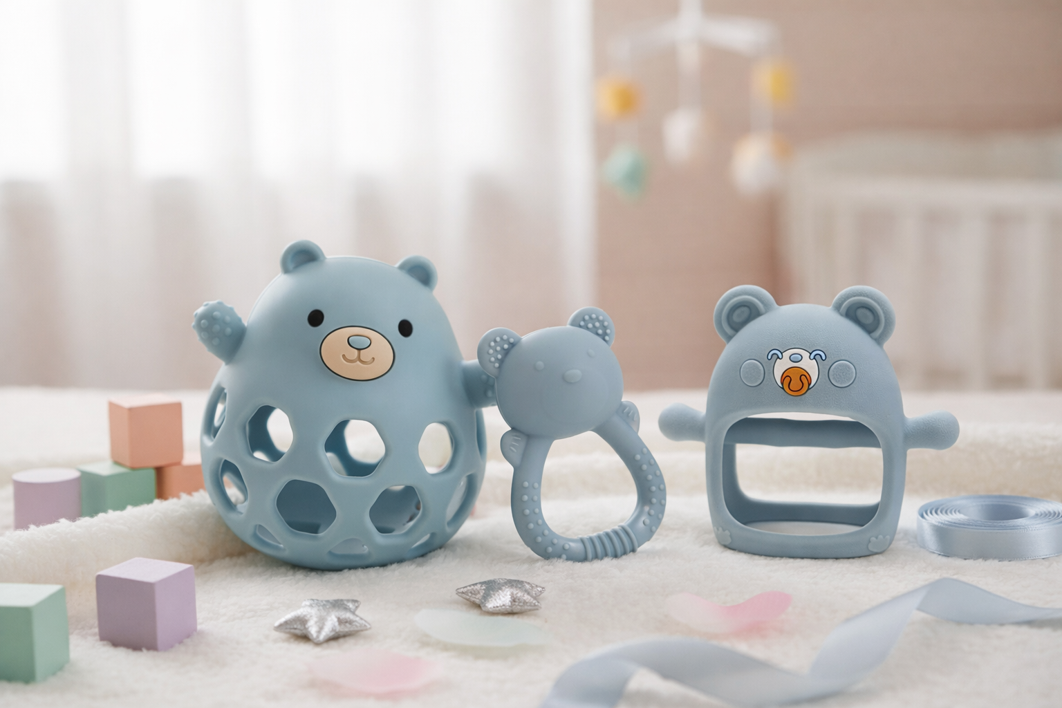 Bear Sensory Toy and Teething essentials Set (blue)