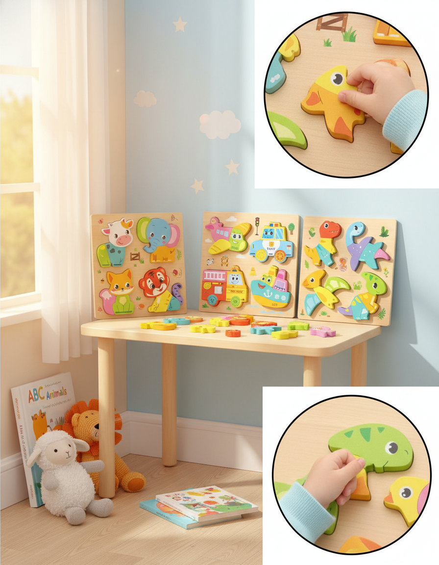 Wooden puzzle set of 3 (animals, vehicles and dinosaurs)