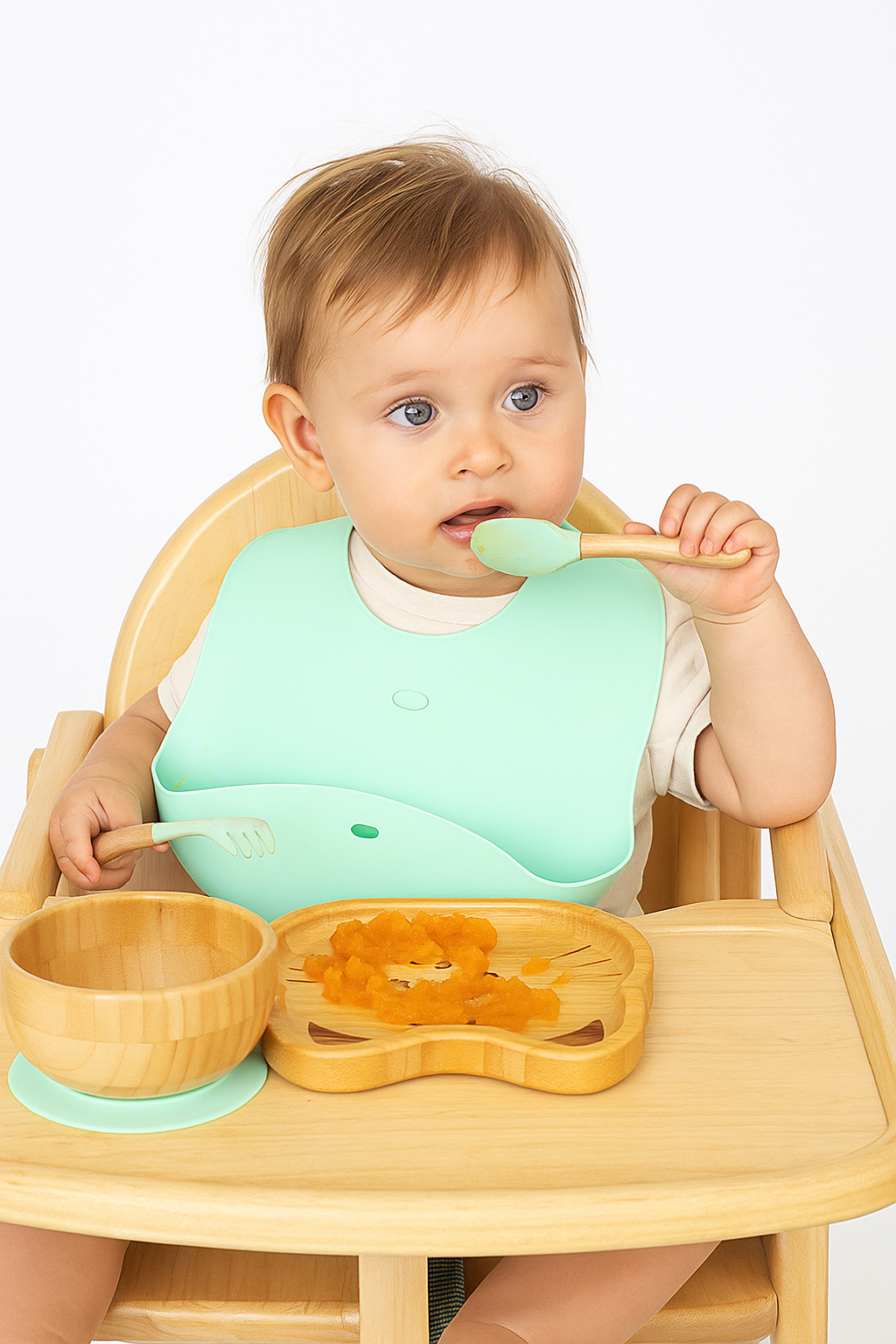 Bamboo and silicone baby feeding set (cat)