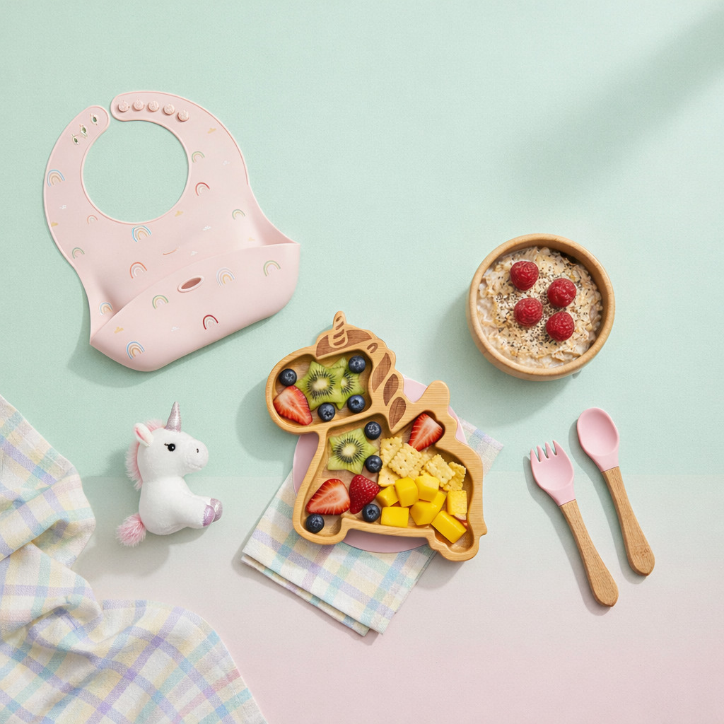 Bamboo and silicone baby feeding set (unicorn)
