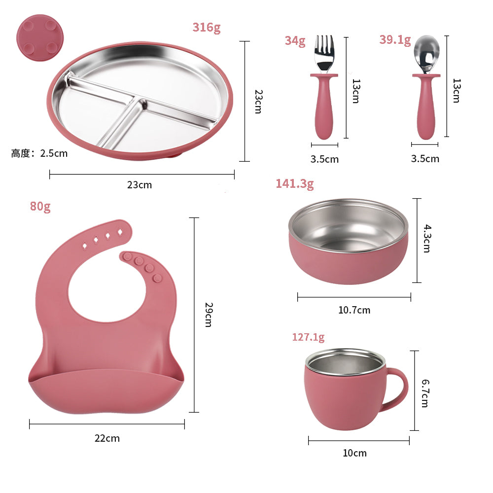 Stainless Steel and silicone baby feeding set (dark pink)