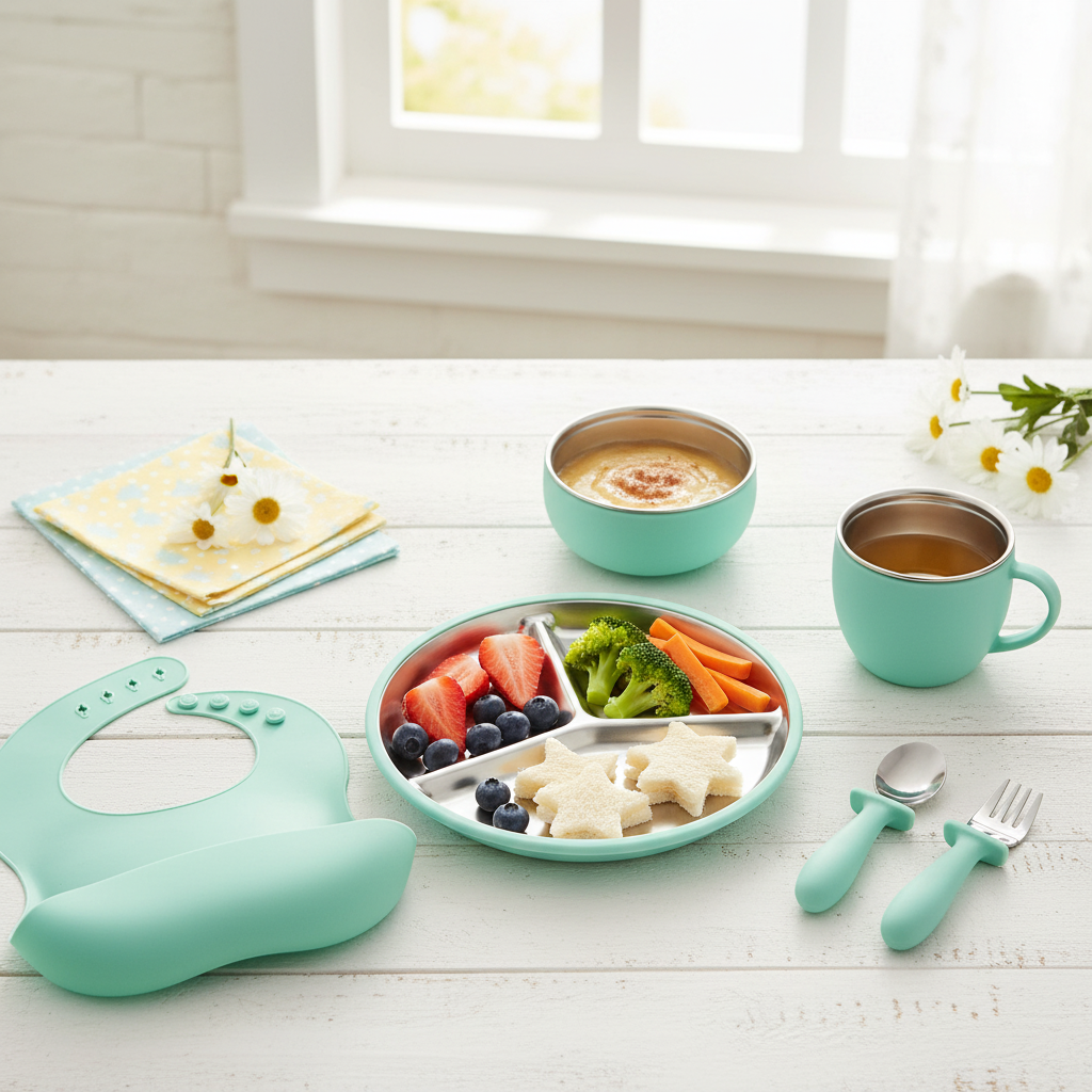 Stainless Steel and silicone baby feeding set (turquoise)