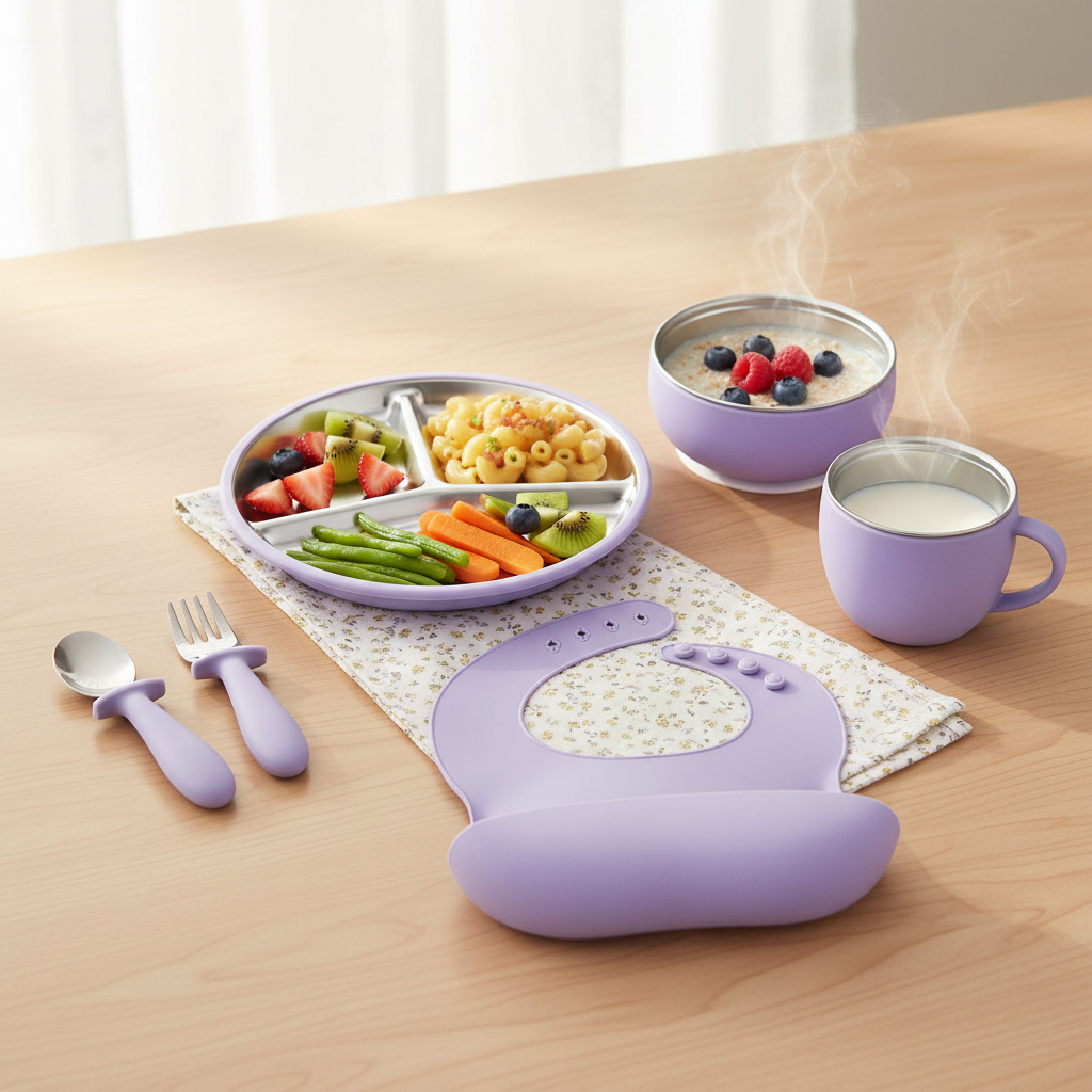 Stainless Steel and silicone baby feeding set (violeta)