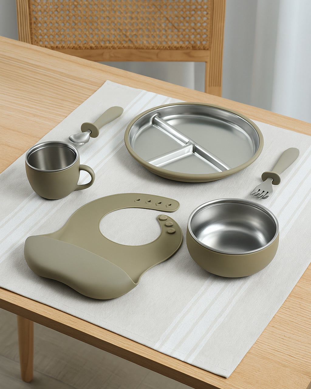 Stainless Steel and silicone baby feeding set (army grey)