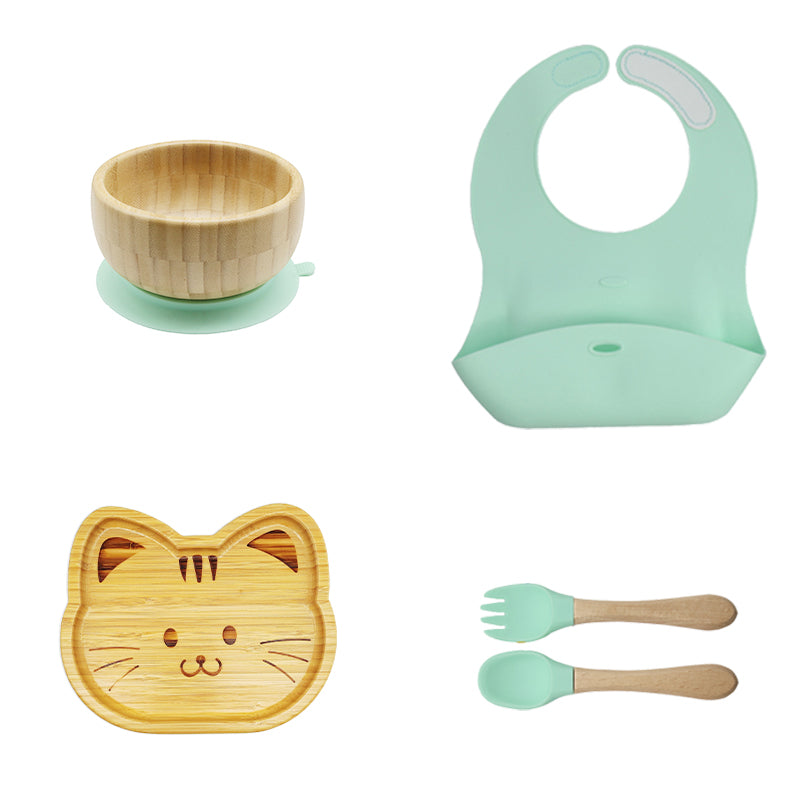 Bamboo and silicone baby feeding set (cat)