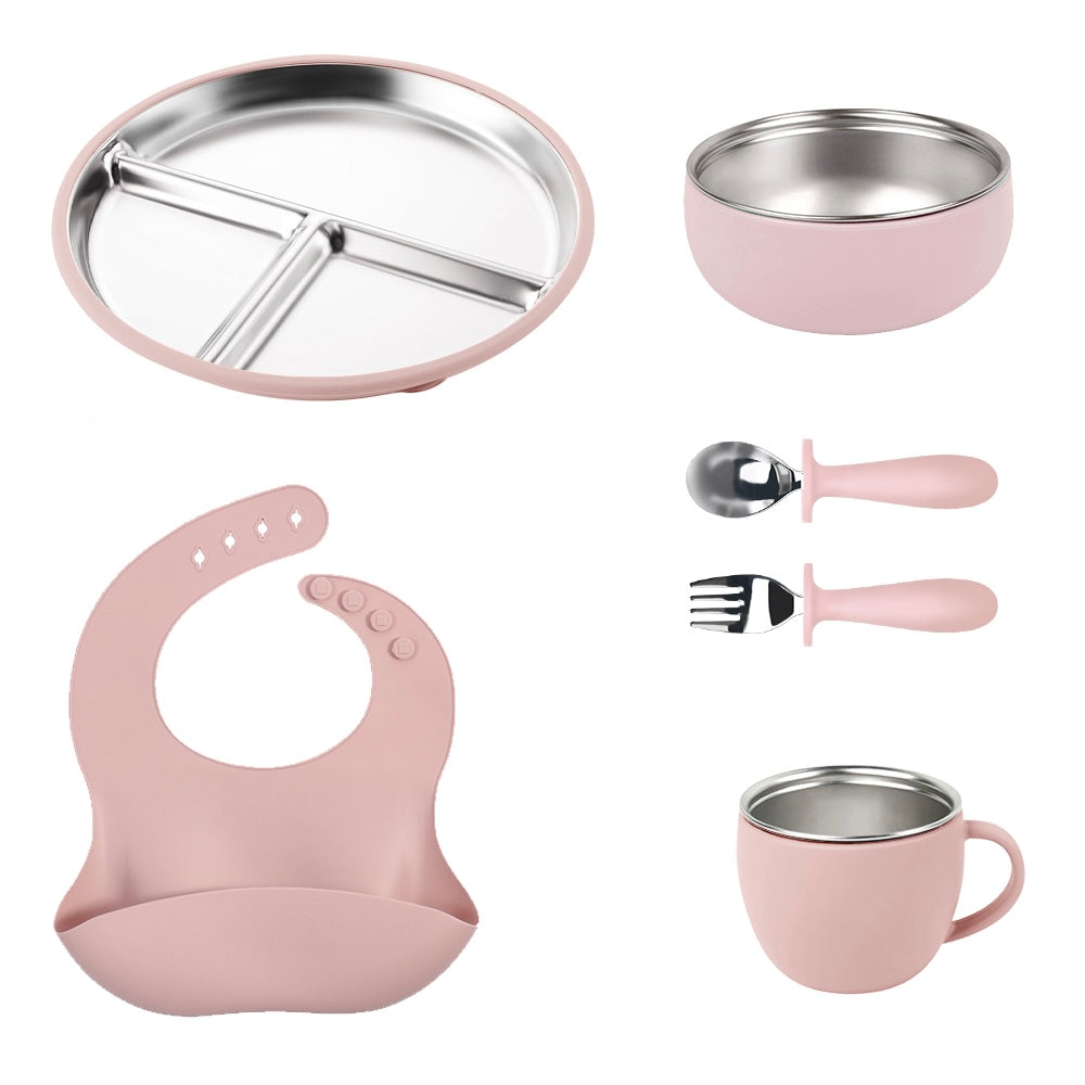 Stainless Steel and silicone baby feeding set (light pink)