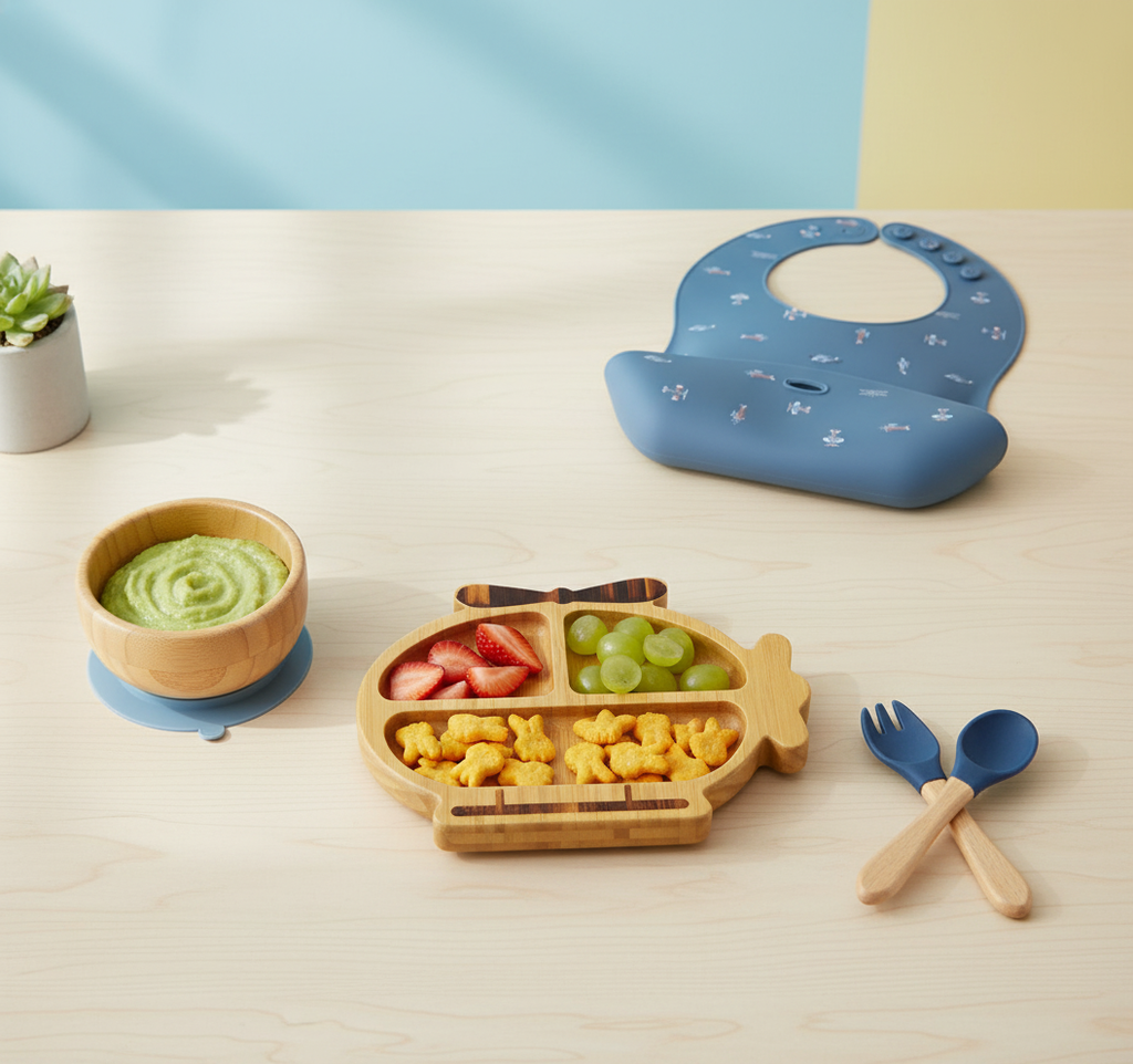 Bamboo and silicone baby feeding set (helicopter)