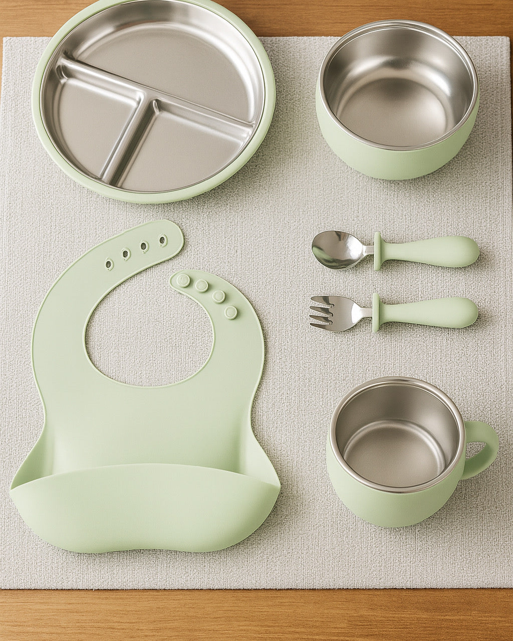 Stainless Steel and silicone baby feeding set (light green)