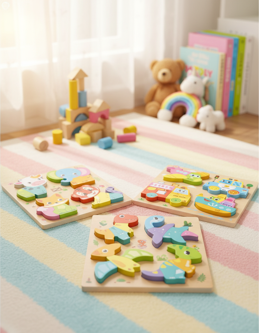 Wooden puzzle set of 3 (animals, vehicles and dinosaurs)