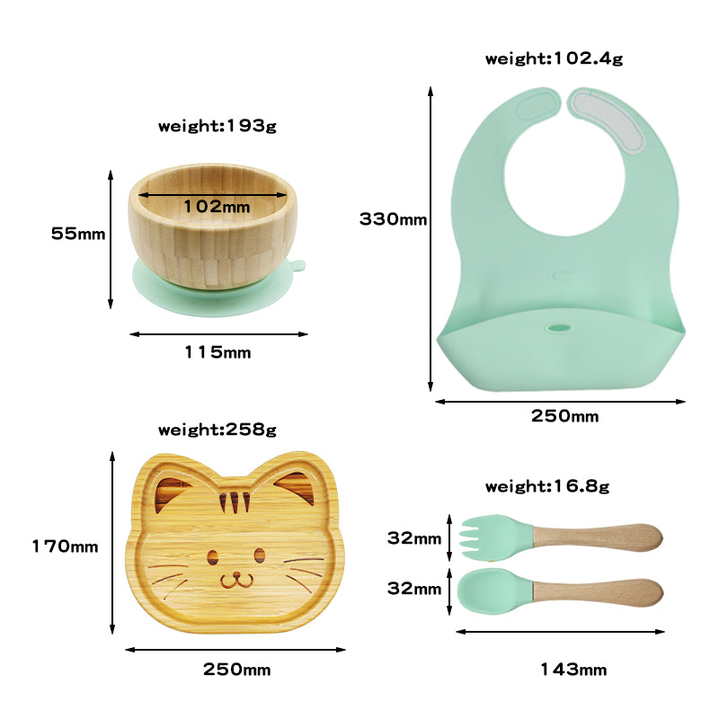 Bamboo and silicone baby feeding set (cat)