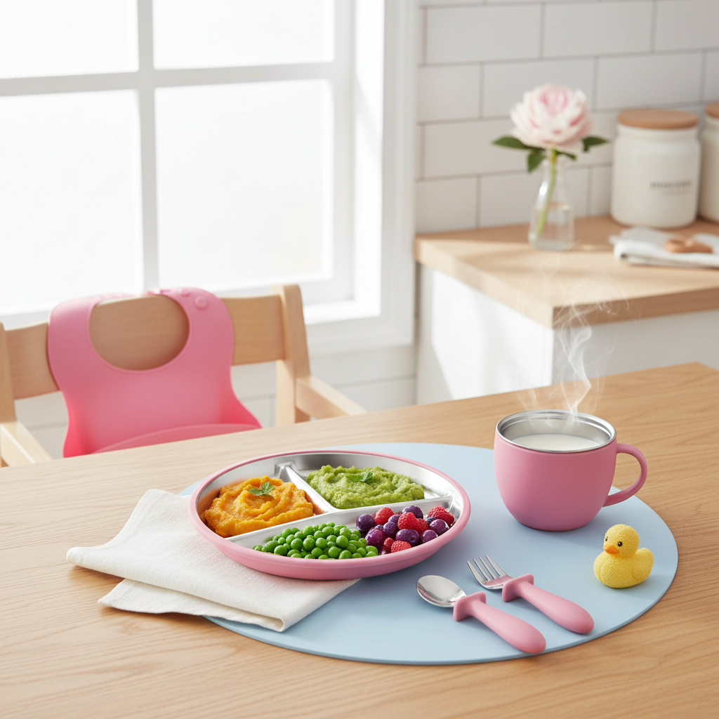 Stainless Steel and silicone baby feeding set (fucsia)