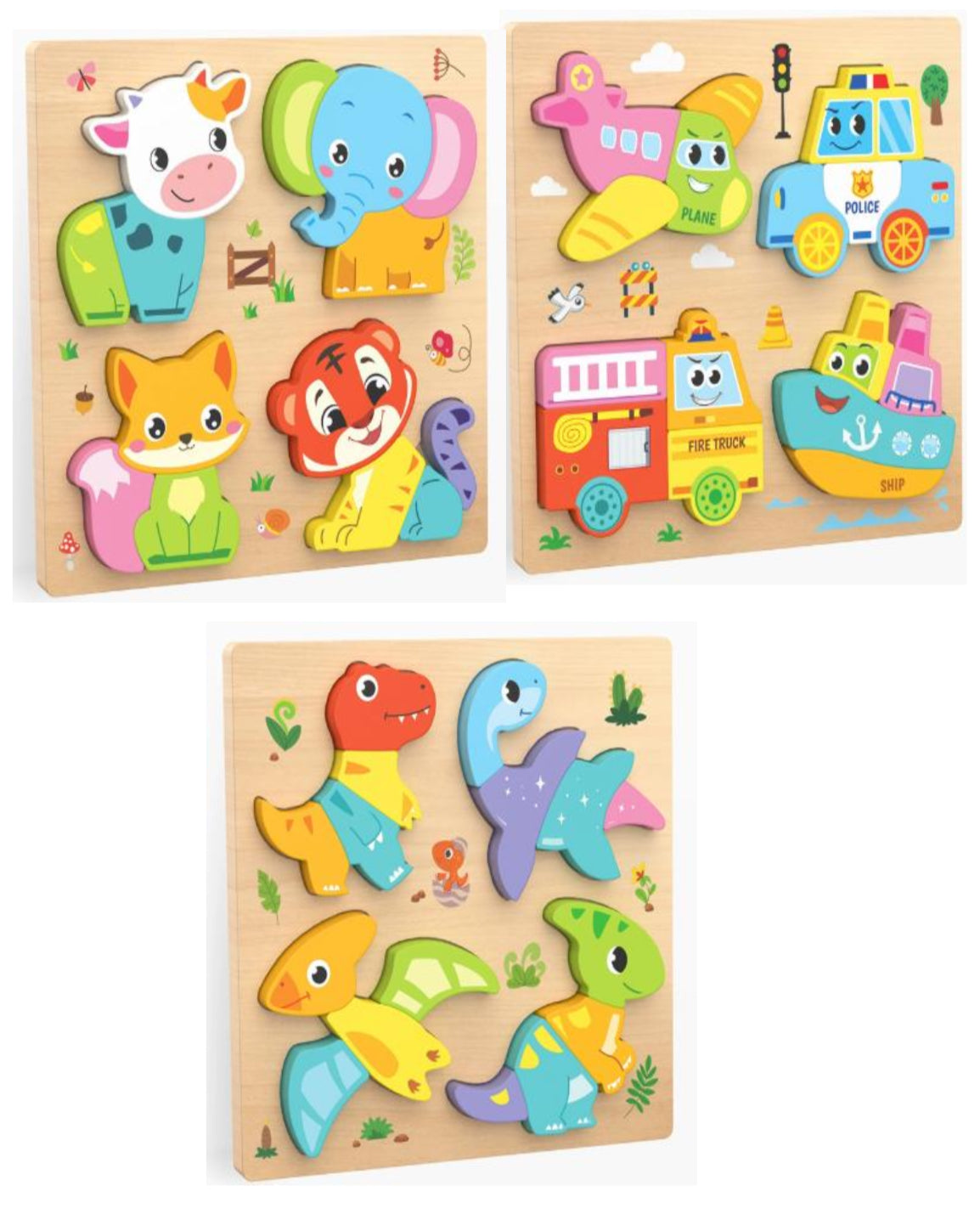 Wooden puzzle set of 3 (animals, vehicles and dinosaurs)