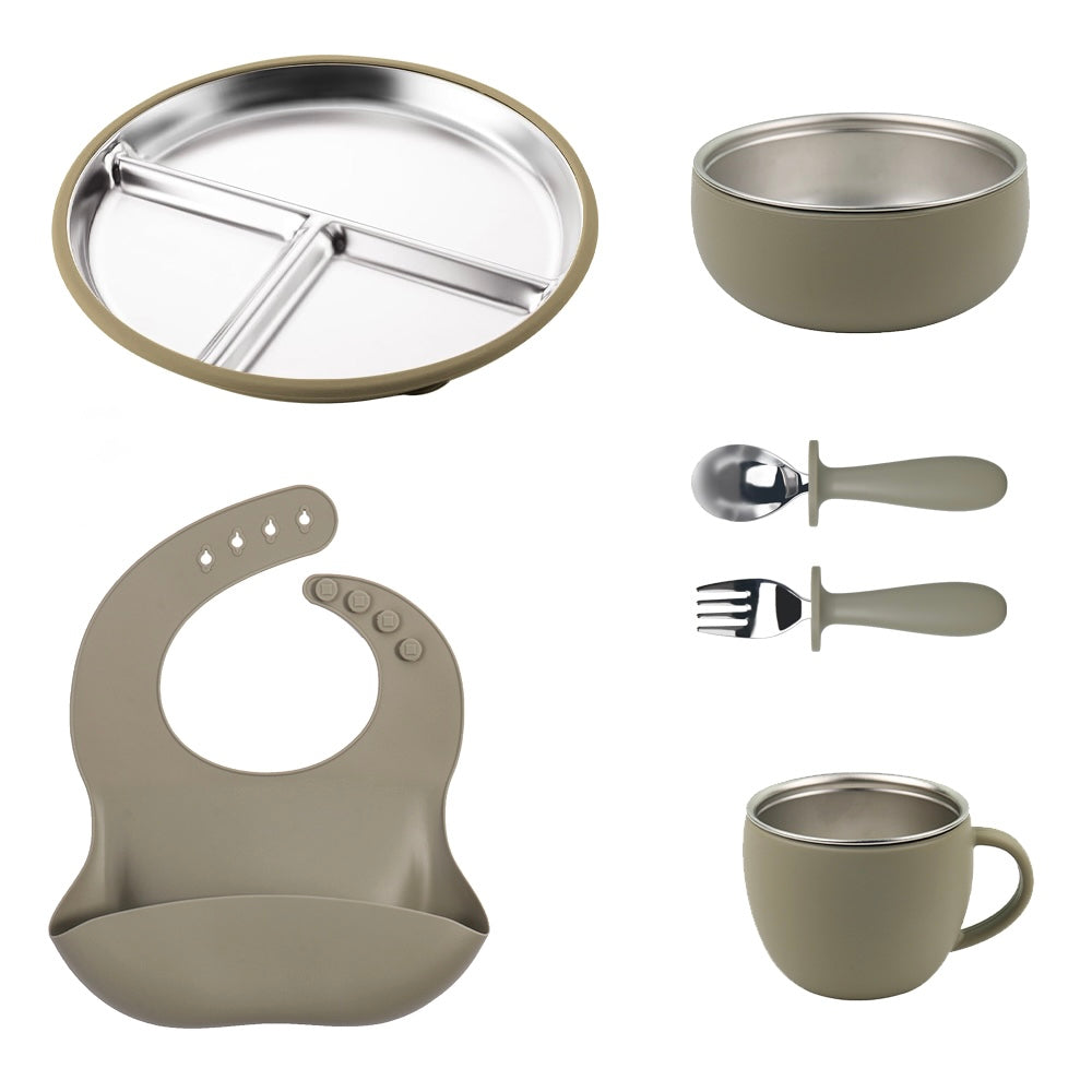 Stainless Steel and silicone baby feeding set (army grey)