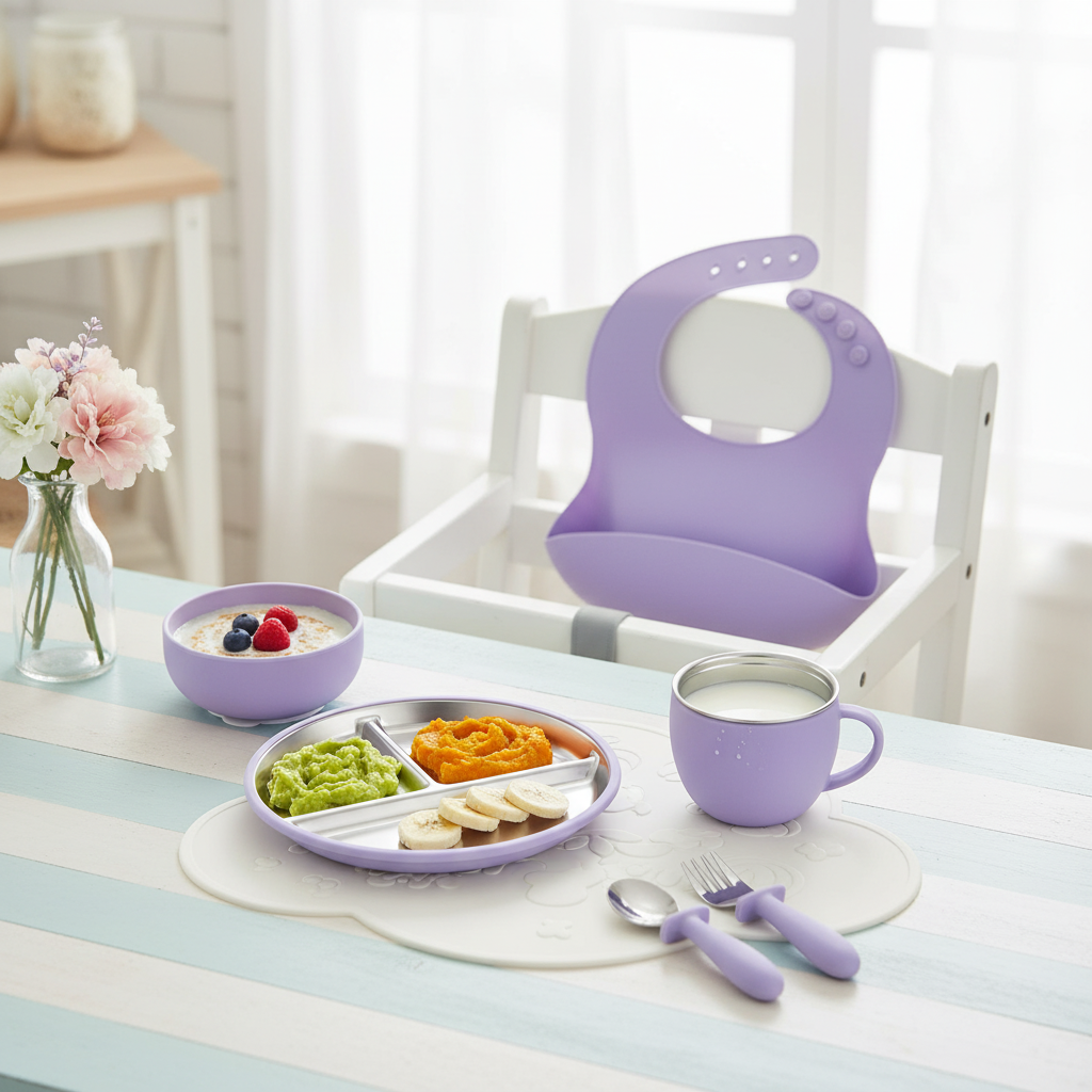 Stainless Steel and silicone baby feeding set (violeta)