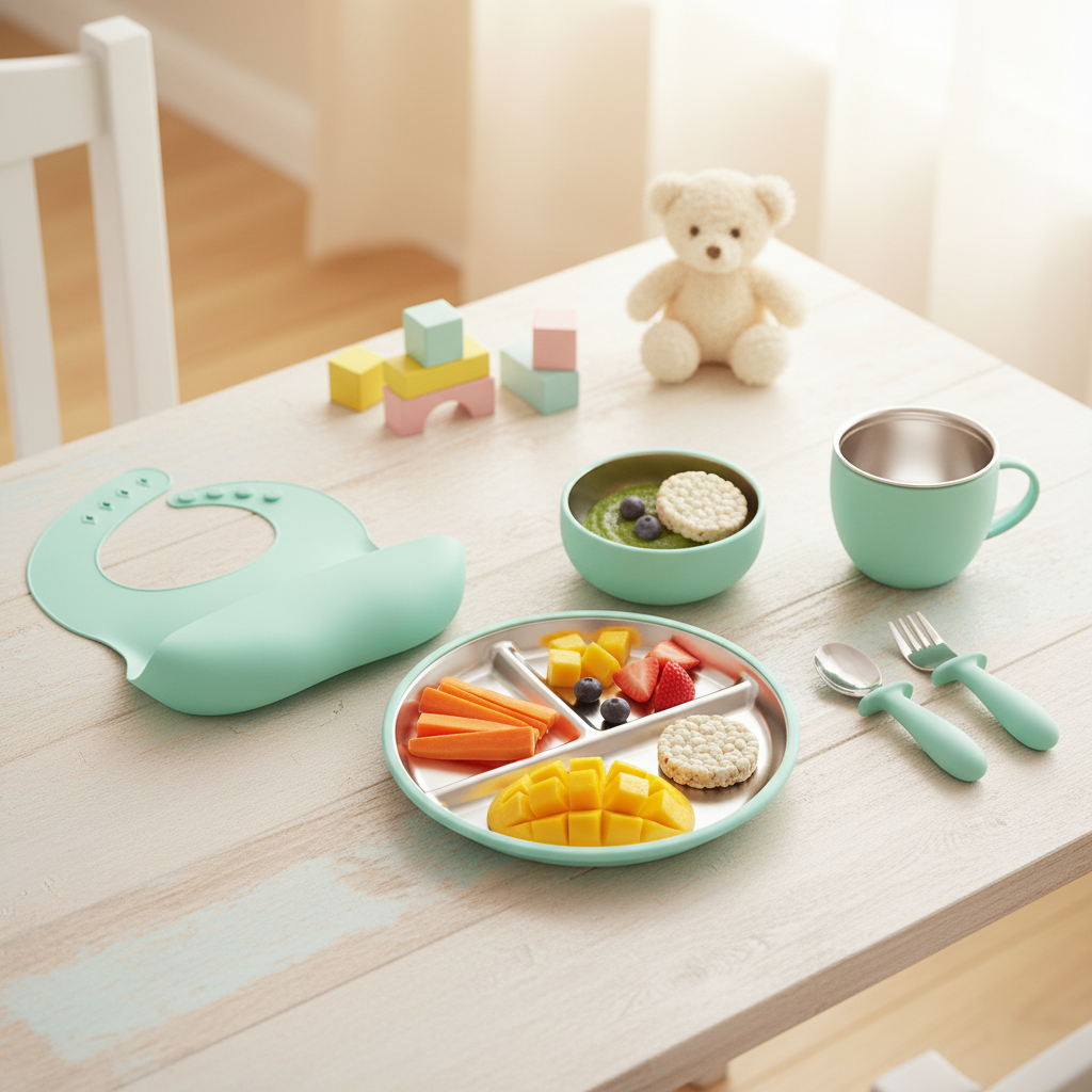 Stainless Steel and silicone baby feeding set (turquoise)