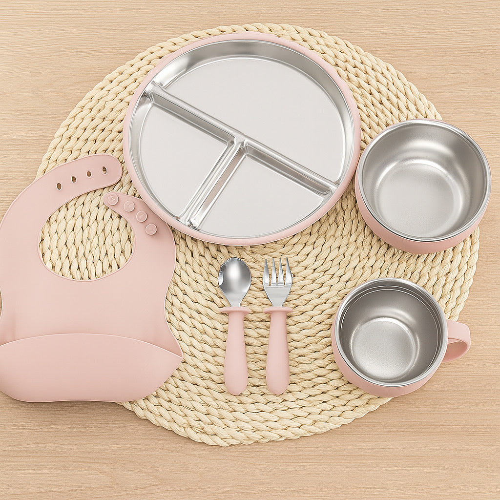 Stainless Steel and silicone baby feeding set (light pink)