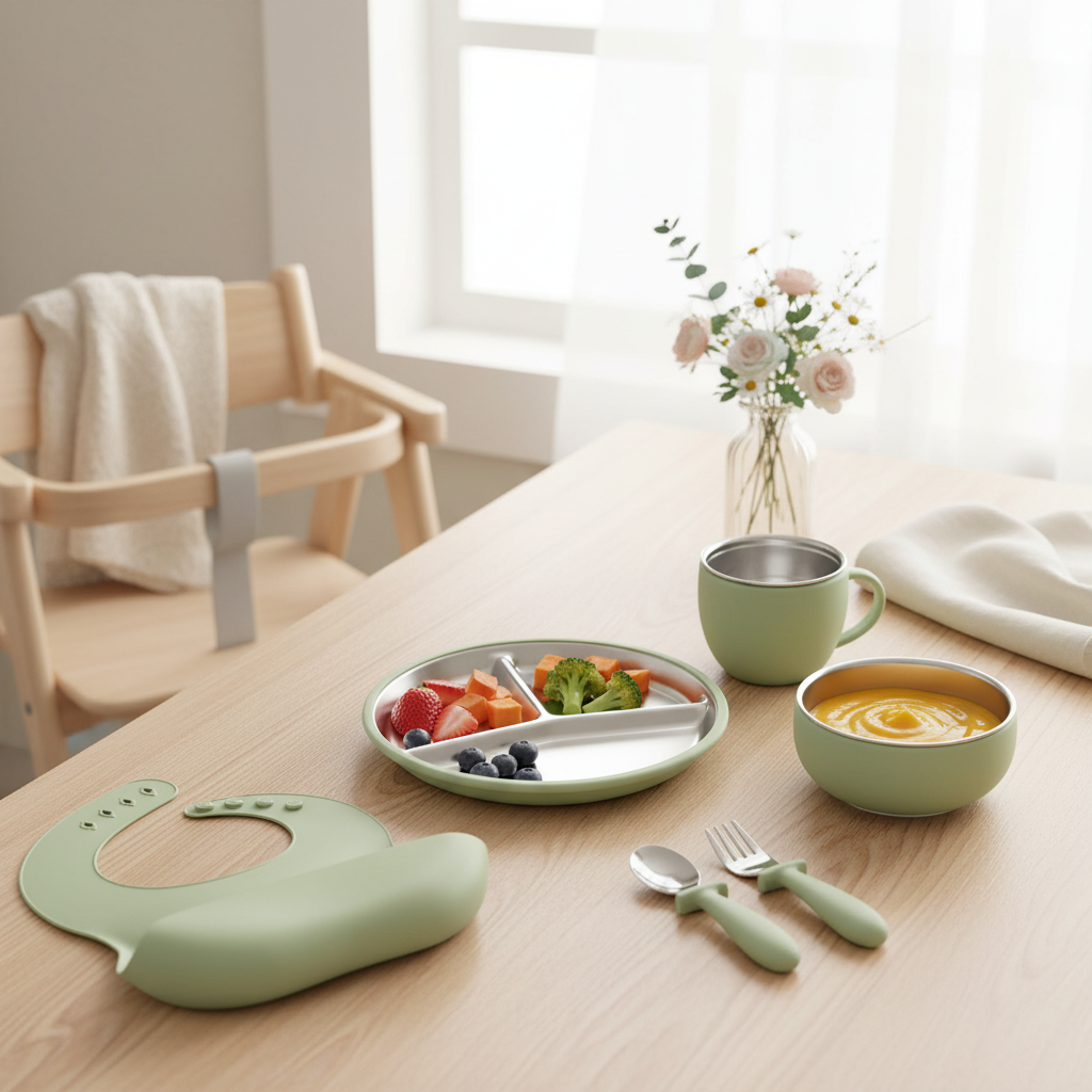 Stainless Steel and silicone baby feeding set (light green)