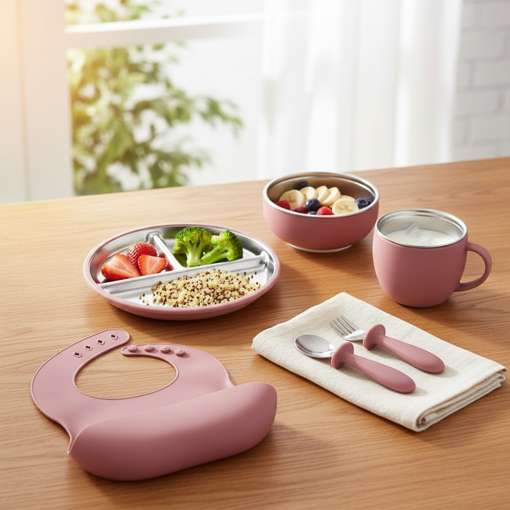 Stainless Steel and silicone baby feeding set (dark pink)