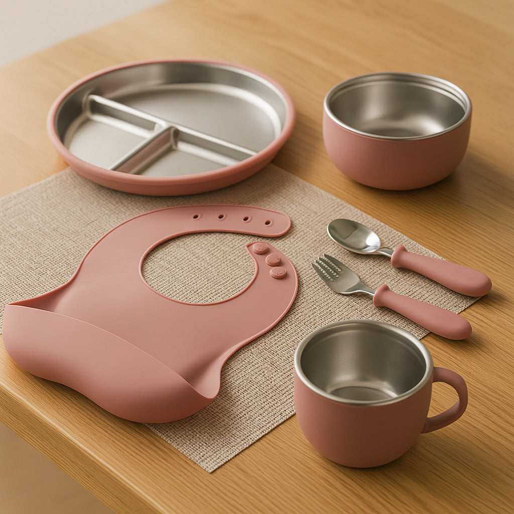 Stainless Steel and silicone baby feeding set (dark pink)