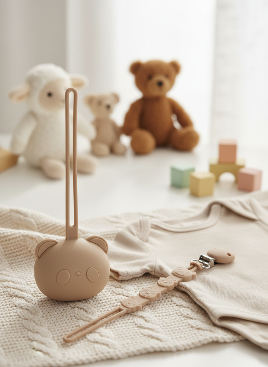 Pacifier holder/case and clip Bear duo (taupe)