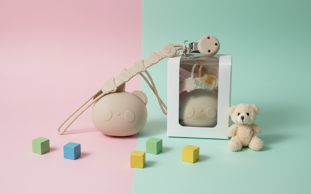 Pacifier holder/case and clip Bear duo (cream)