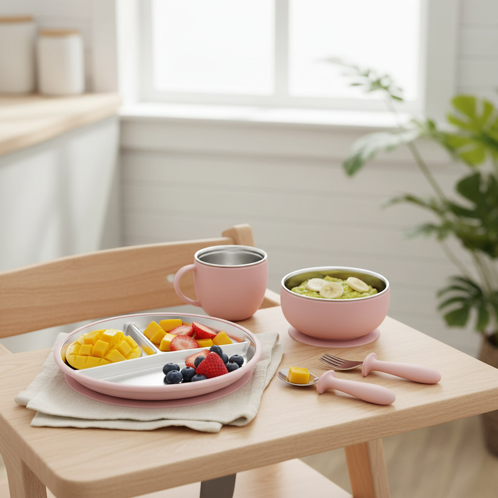 Stainless Steel and silicone baby feeding set (light pink)