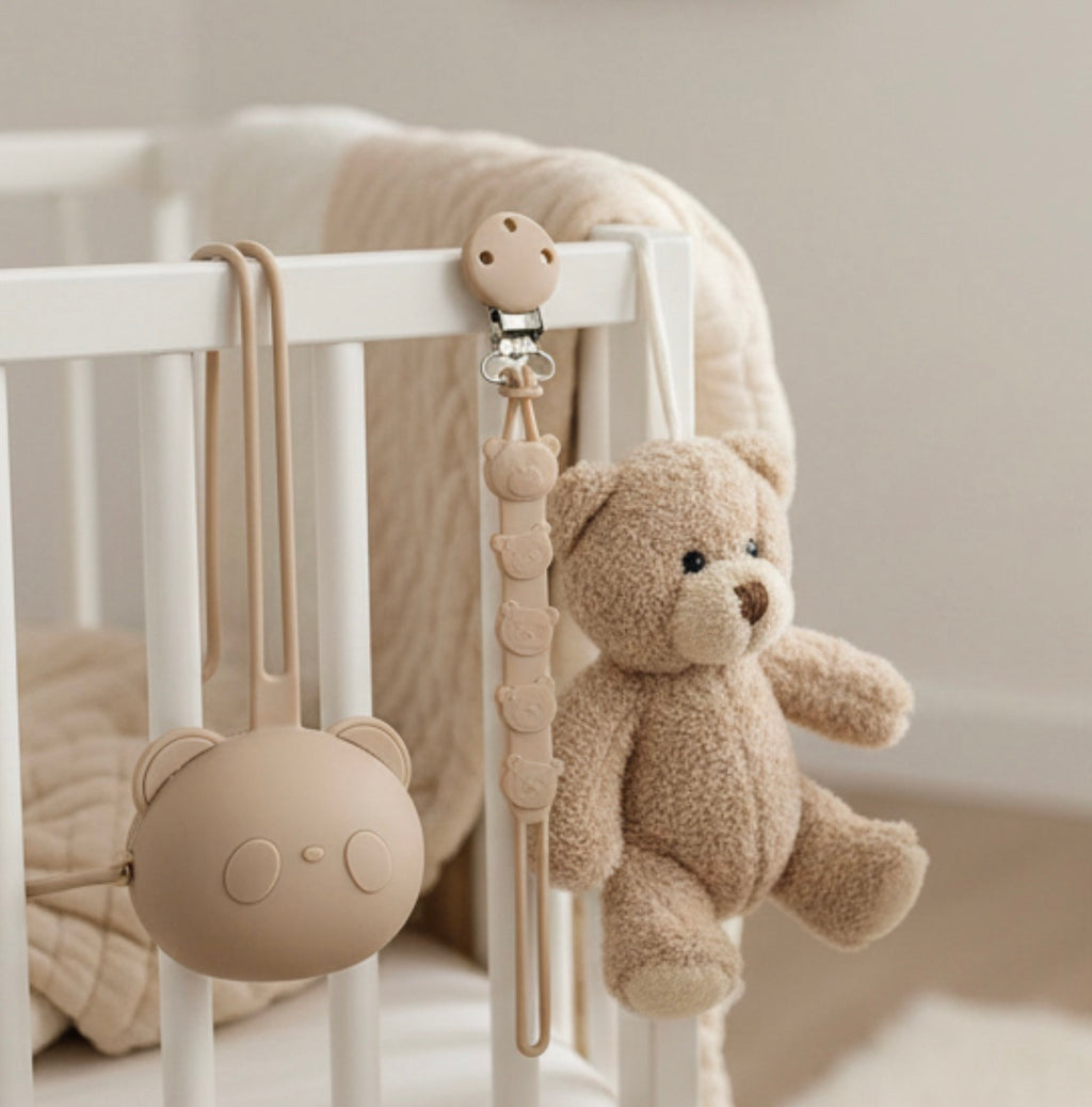 Pacifier holder/case and clip Bear duo (taupe)